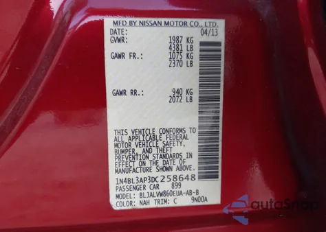 2013 Nissan Altima 3.5 Sl from USA, damaged, VIN 1N4BL3AP3DC258648